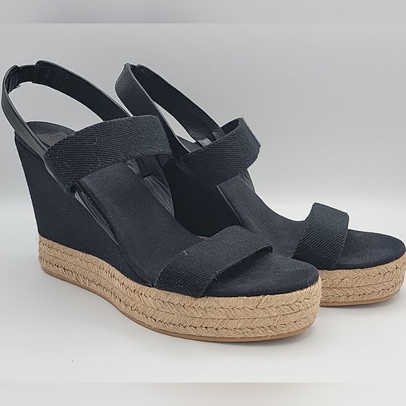 TORY BURCH Wedge Sandal Espadrille Slingback 2 Band Canvas & Leather Black US 10 - Picture 3 of 13